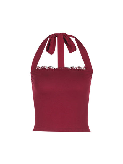 Einfarbige Y2k Slim Fit Spitzen Halterweste