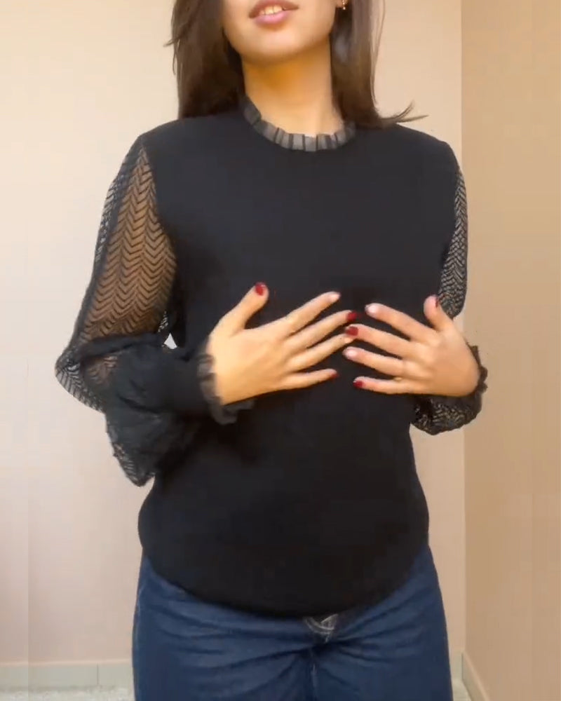 Top einfarbig Puffärmel Rüsche