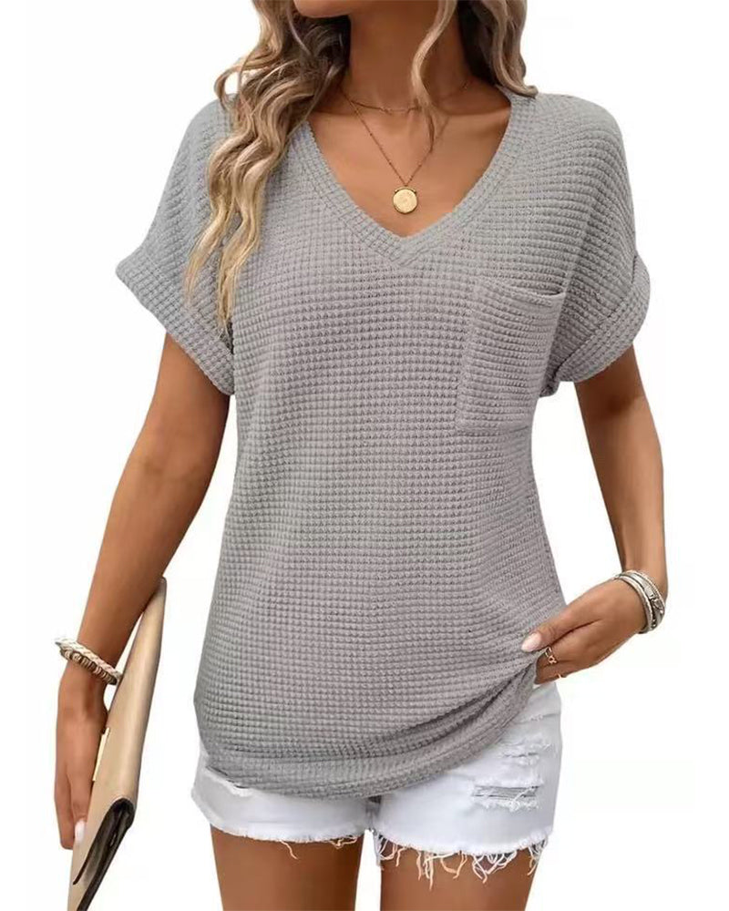 T-Shirt Damen Waffelstrick V-Ausschnitt Lässig Sommer