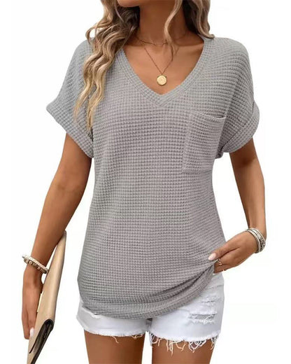 T-Shirt Damen Waffelstrick V-Ausschnitt Lässig Sommer