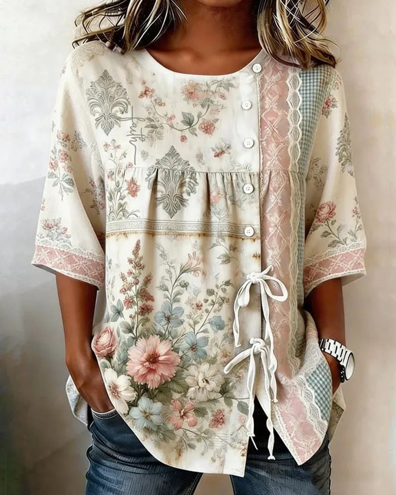 Bluse Retro Blumenprint Lässig