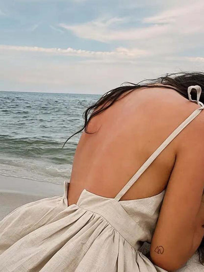 Beige Off-Shoulder Mini Dress with Tie Straps for Women - Melissa