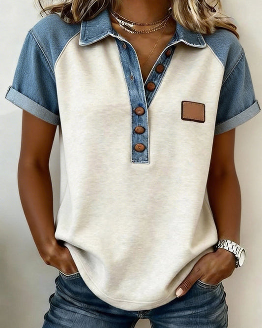 T-Shirt Denim Farbe Block Kurz Ärmel