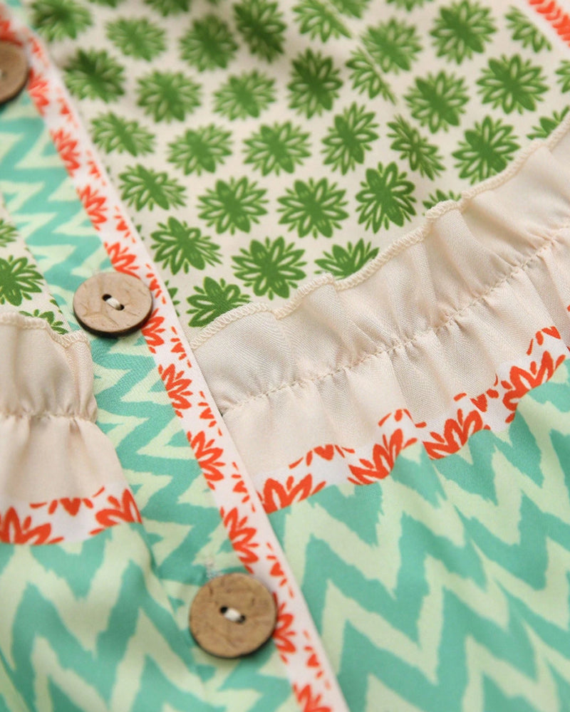 Kleid Stehkragen Bedruckt Patchwork
