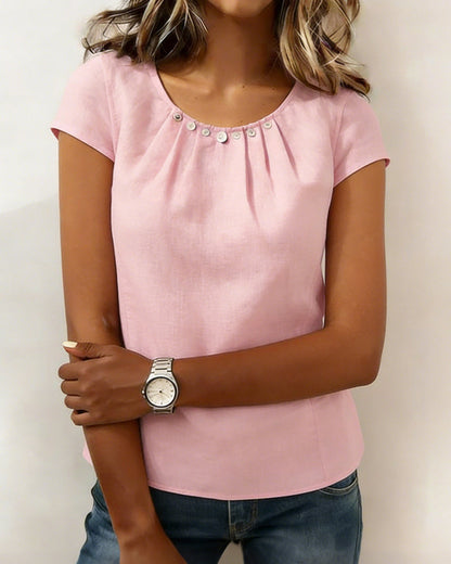 Bluse Plissiert Knopf Rundhals