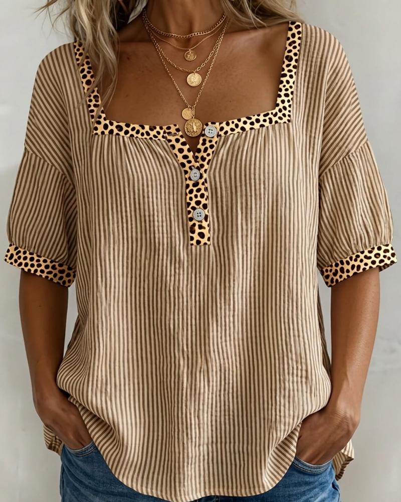 Bluse Quadratischer Ausschnitt Kurzarm Leopardenmuster