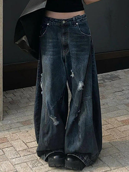 Blaue Retro Distressed Wide Leg Boyfriend Jeans