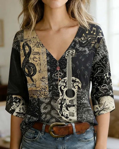 Bluse Vintage Noten Gitarren Print