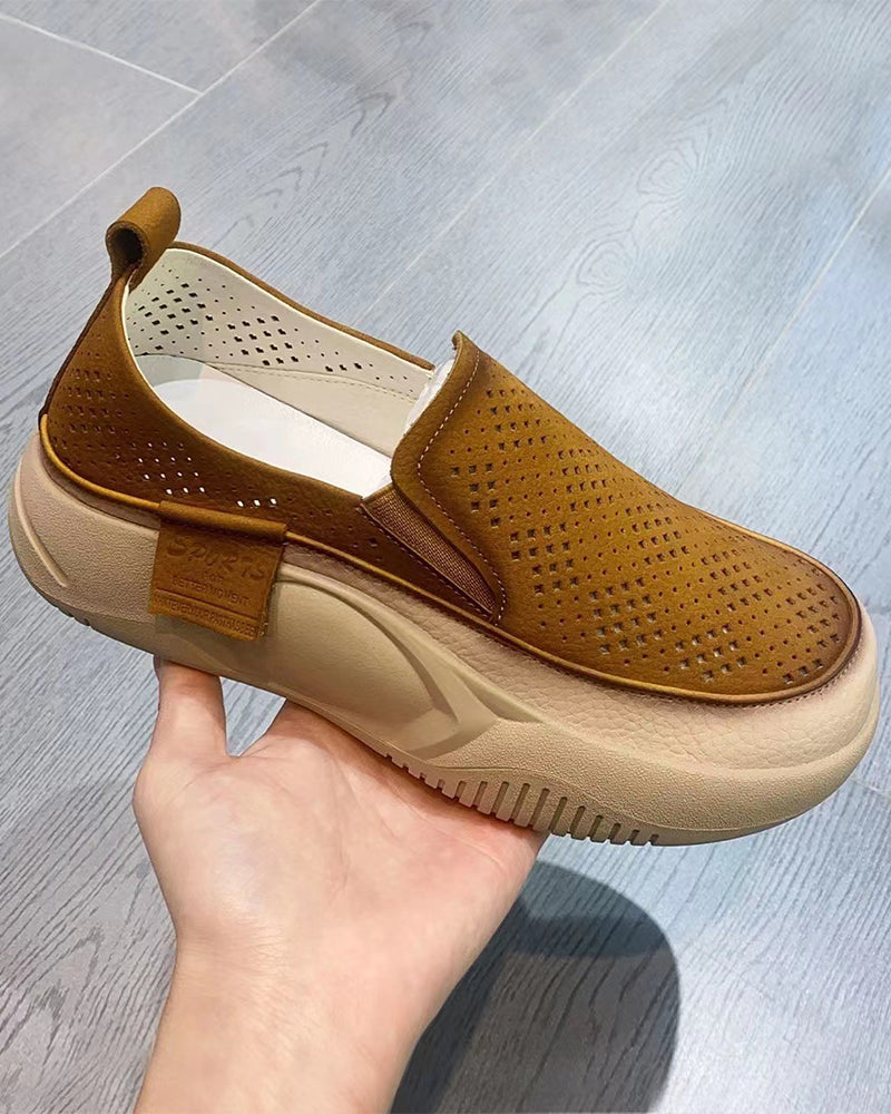Schuhe Dick Sohle Damen Durchbrochen Loafers Runde Zehe Kappe