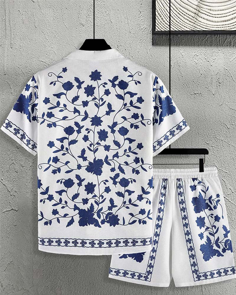 Herren Set Blaues Porzellan Knopfleiste Kurzarm