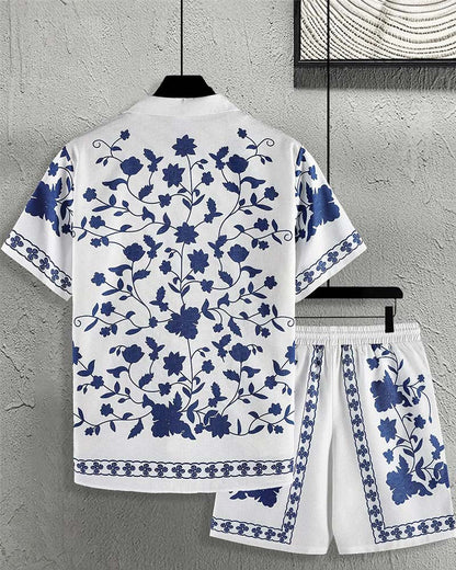 Herren Set Blaues Porzellan Knopfleiste Kurzarm