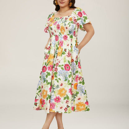 ⏰Sommer Heißer Verkauf 70% RABATT💃Geblümtes Smock-Kleid mit eckigem Ausschnitt und Taschen
