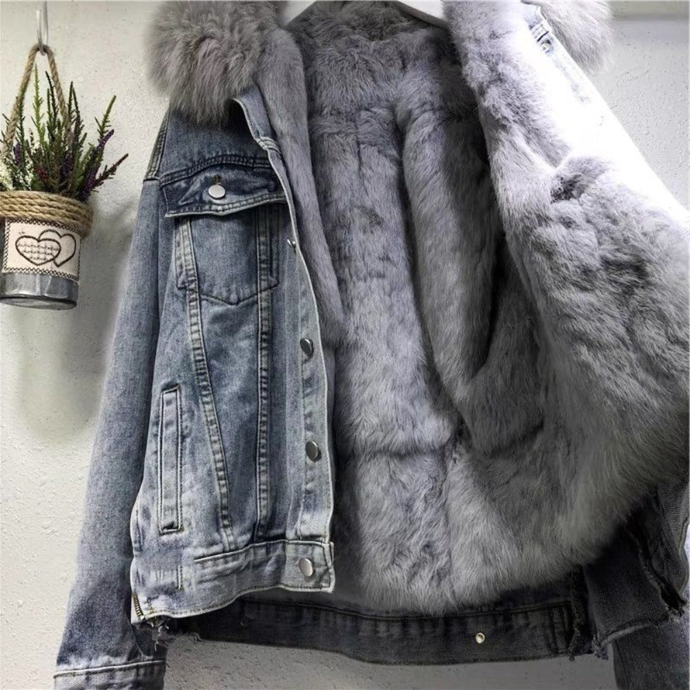 Denim Jacket with Faux Fur Hood for Women - Floriana