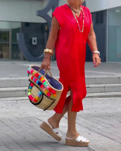 Kleid Revers Ärmellos Schlitz Einfarbig