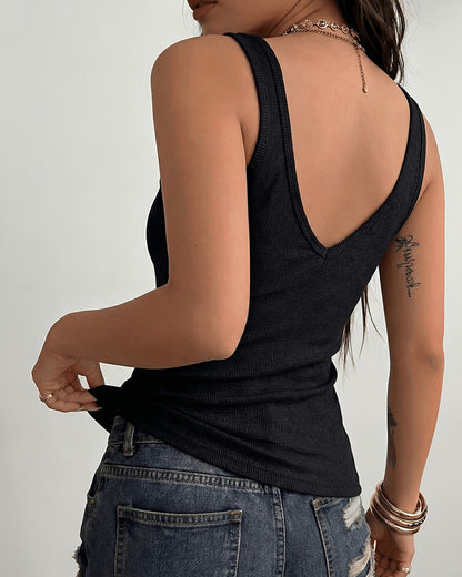 Tanktop Schwarz Gerippt Cut-Out Lässig