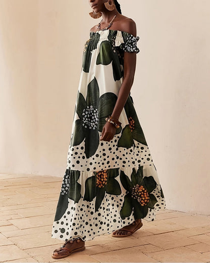 Kleid Ein Schulter Tupfen Blumen Maxi