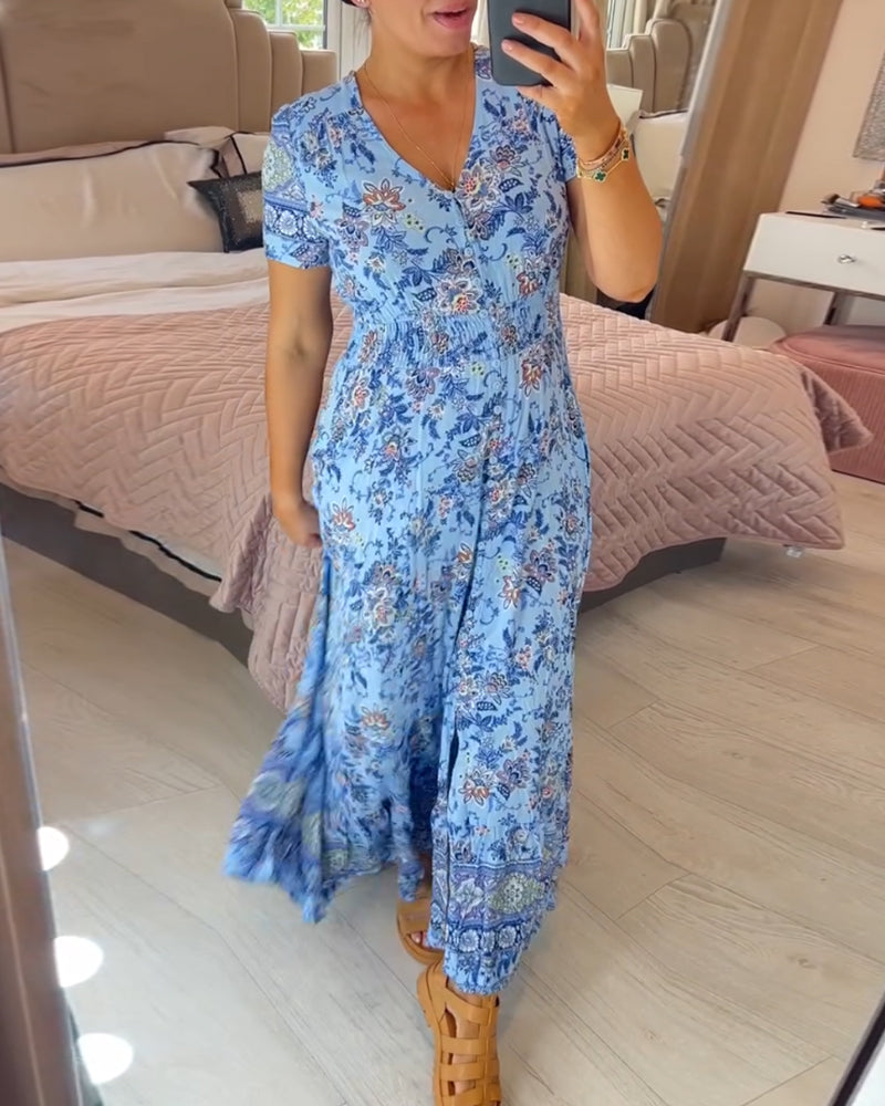 🌷🌷Kleid mit Blumendruck und V-Ausschnitt