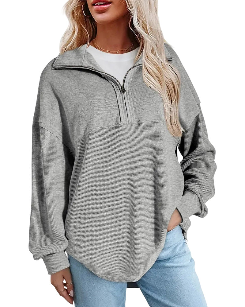 Sweatshirt Halber Reißverschluss Waffel Patchwork