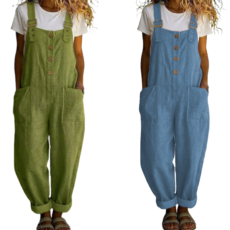 👖JETZT 50 % RABATT! 🌿 Lässige Damen-Latzhose mit Knopfleiste – Verstellbare Träger, atmungsaktives Material & bequeme Passform