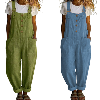 👖JETZT 50 % RABATT! 🌿 Lässige Damen-Latzhose mit Knopfleiste – Verstellbare Träger, atmungsaktives Material & bequeme Passform