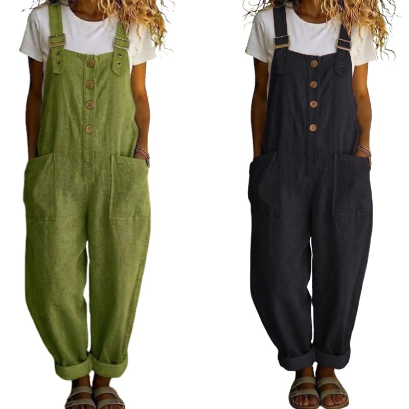 👖JETZT 50 % RABATT! 🌿 Lässige Damen-Latzhose mit Knopfleiste – Verstellbare Träger, atmungsaktives Material & bequeme Passform