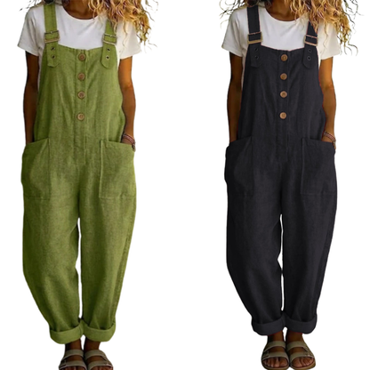 👖JETZT 50 % RABATT! 🌿 Lässige Damen-Latzhose mit Knopfleiste – Verstellbare Träger, atmungsaktives Material & bequeme Passform