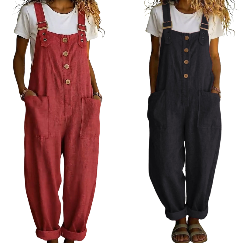 👖JETZT 50 % RABATT! 🌿 Lässige Damen-Latzhose mit Knopfleiste – Verstellbare Träger, atmungsaktives Material & bequeme Passform