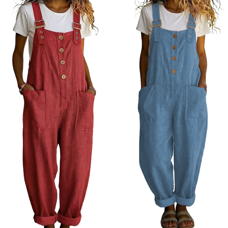 👖JETZT 50 % RABATT! 🌿 Lässige Damen-Latzhose mit Knopfleiste – Verstellbare Träger, atmungsaktives Material & bequeme Passform