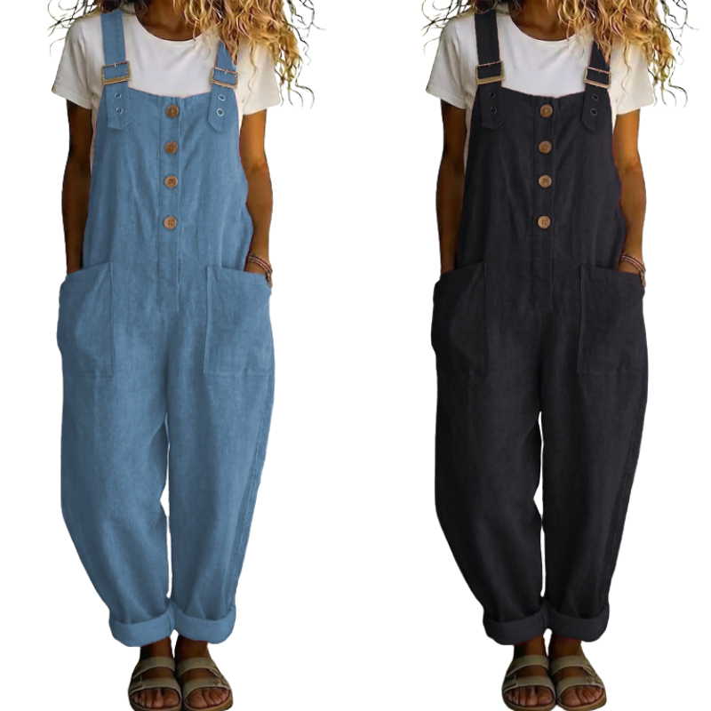 👖JETZT 50 % RABATT! 🌿 Lässige Damen-Latzhose mit Knopfleiste – Verstellbare Träger, atmungsaktives Material & bequeme Passform