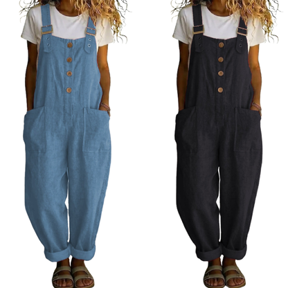👖JETZT 50 % RABATT! 🌿 Lässige Damen-Latzhose mit Knopfleiste – Verstellbare Träger, atmungsaktives Material & bequeme Passform
