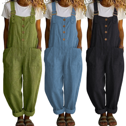 👖JETZT 50 % RABATT! 🌿 Lässige Damen-Latzhose mit Knopfleiste – Verstellbare Träger, atmungsaktives Material & bequeme Passform