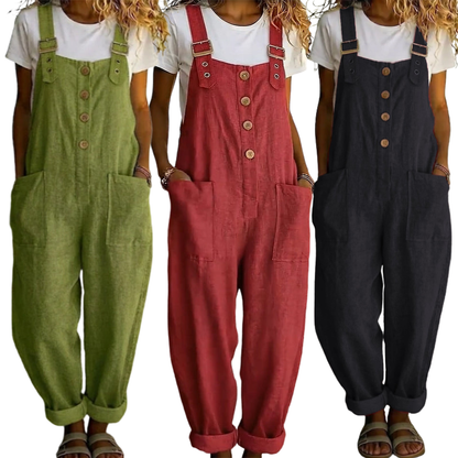 👖JETZT 50 % RABATT! 🌿 Lässige Damen-Latzhose mit Knopfleiste – Verstellbare Träger, atmungsaktives Material & bequeme Passform