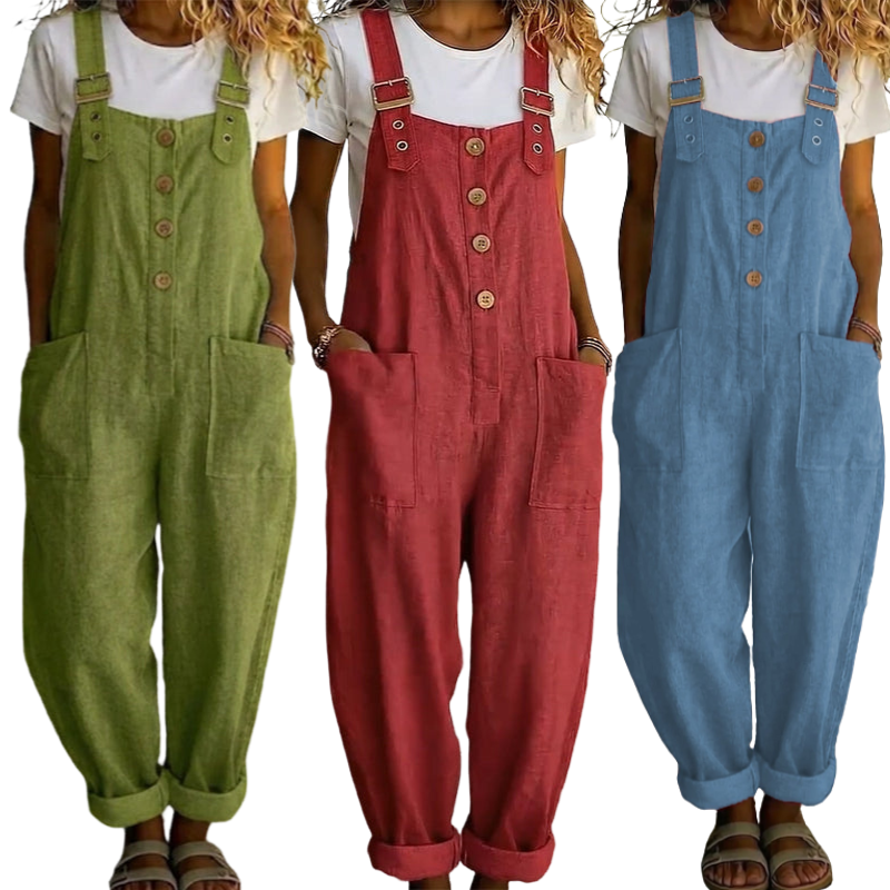 👖JETZT 50 % RABATT! 🌿 Lässige Damen-Latzhose mit Knopfleiste – Verstellbare Träger, atmungsaktives Material & bequeme Passform