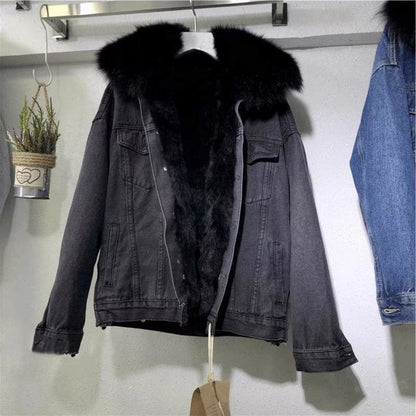 Denim Jacket with Faux Fur Hood for Women - Floriana