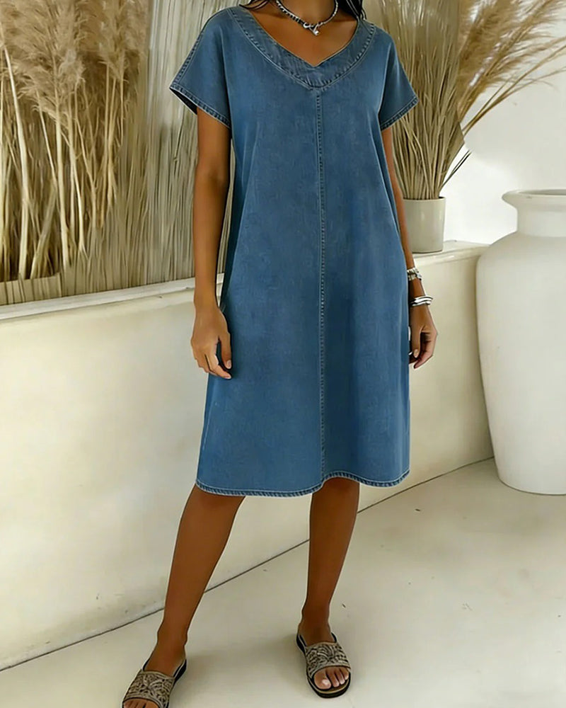 Kleid Lässig V-Ausschnitt Kurzarm Denim