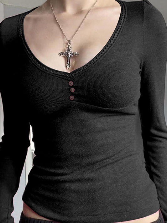 Einfarbiges Vintage Casual Langarm T-Shirt