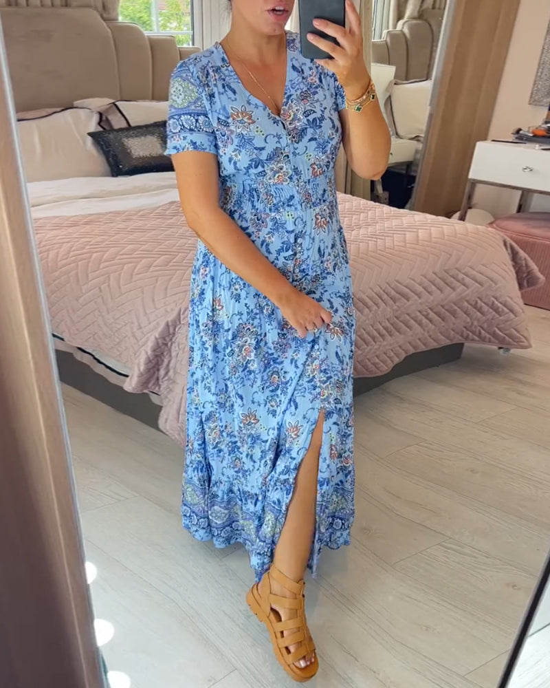 🌷🌷Kleid mit Blumendruck und V-Ausschnitt