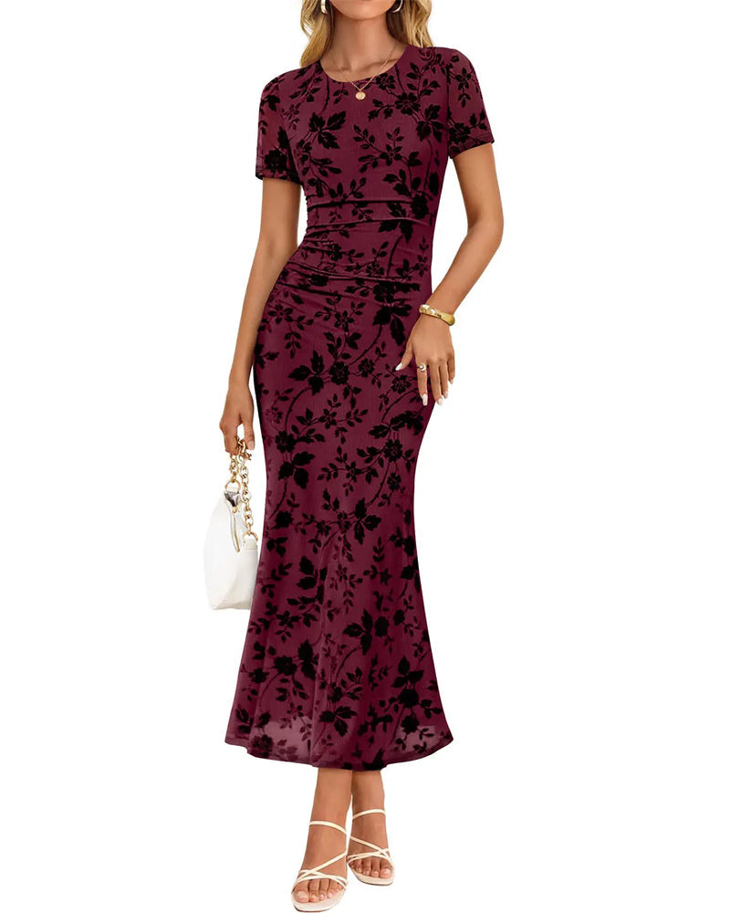 Kleid Blumenprint Taillenbetonend Mesh