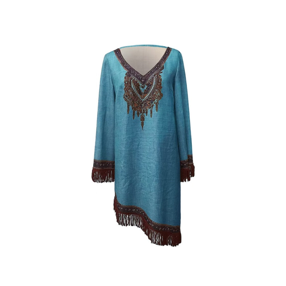 Embroidered Bohemian Mini Dress with Fringe for Women - Patrizia