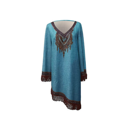 Embroidered Bohemian Mini Dress with Fringe for Women - Patrizia