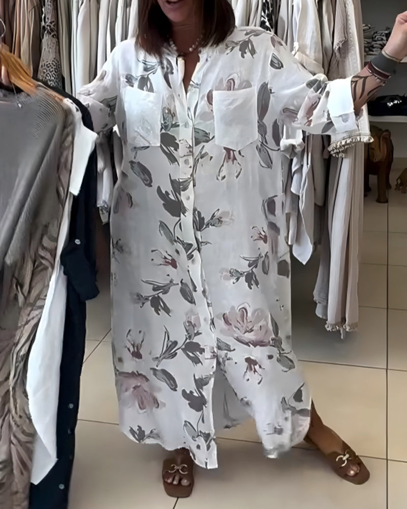 Kleid Stehkragen Langarm Gedrucktes Hemd