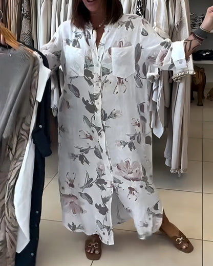 Kleid Stehkragen Langarm Gedrucktes Hemd