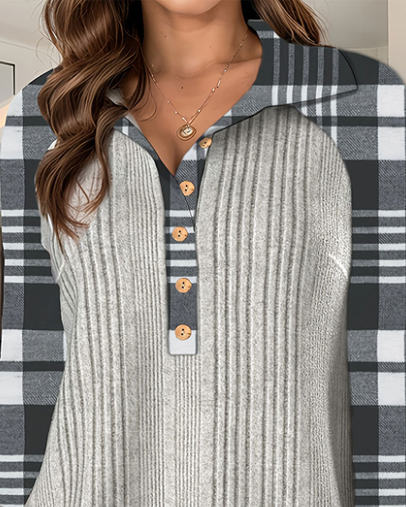 Sweatshirt Kragen Kariert Knopf