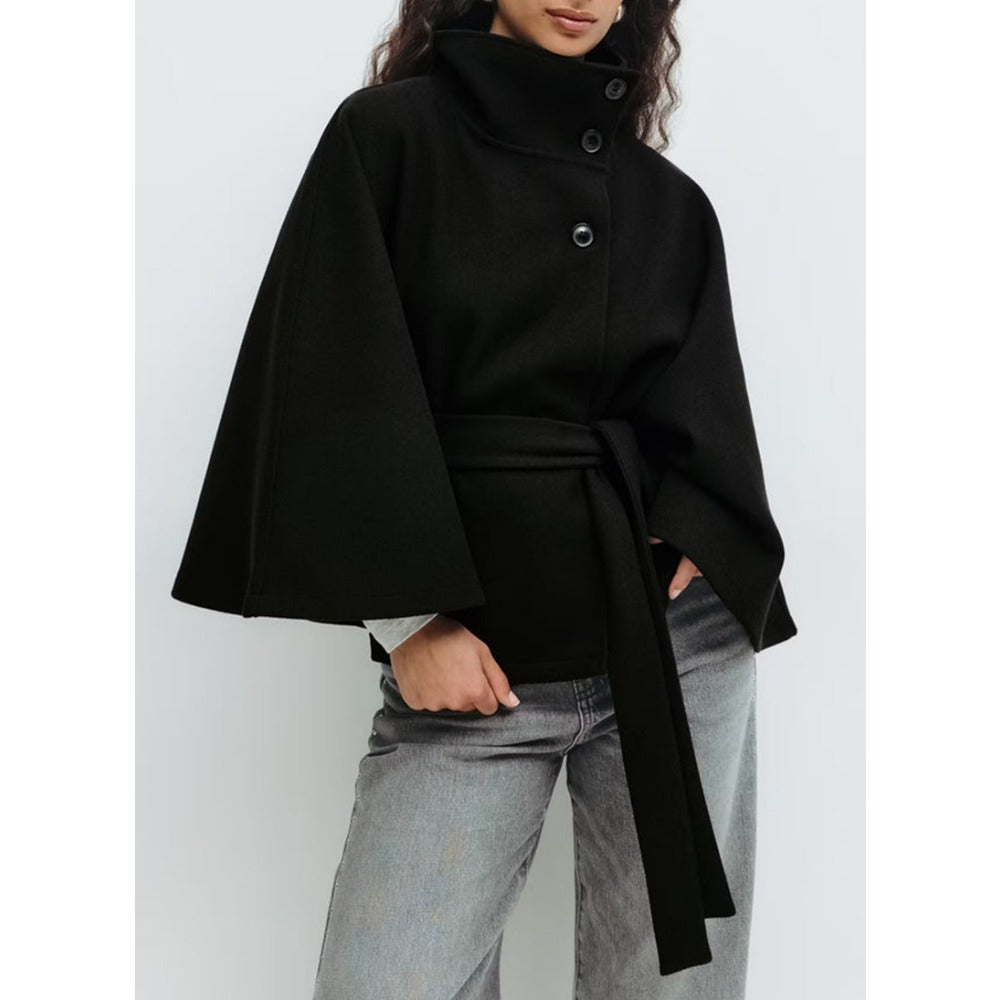 Belted Cape Coat with High Collar for Women - Iolanda