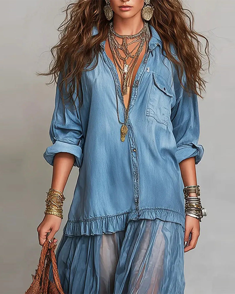 Kleid Denim Und Mesh Zusammengefügt Lang
