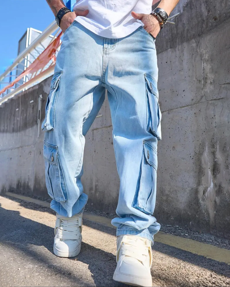 Jeans Herren Locker Solid Klappe Tasche Cargo Denim