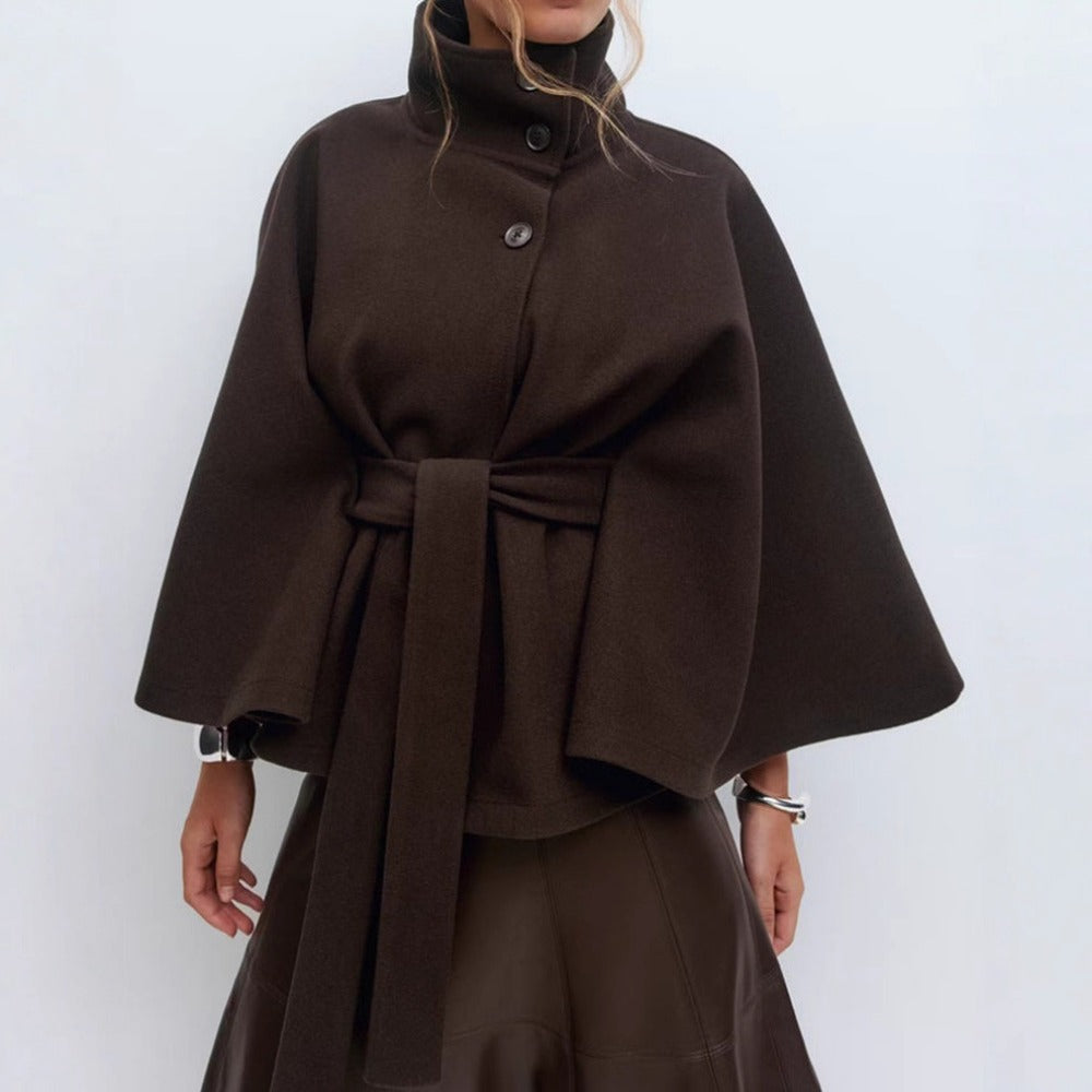 Belted Cape Coat with High Collar for Women - Iolanda