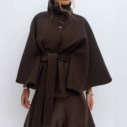 Belted Cape Coat with High Collar for Women - Iolanda