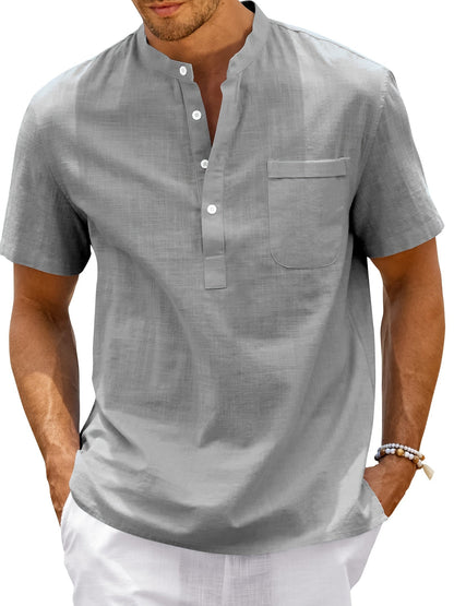 Leinen-Henley-Shirt mit Knopfleiste - Schwarz