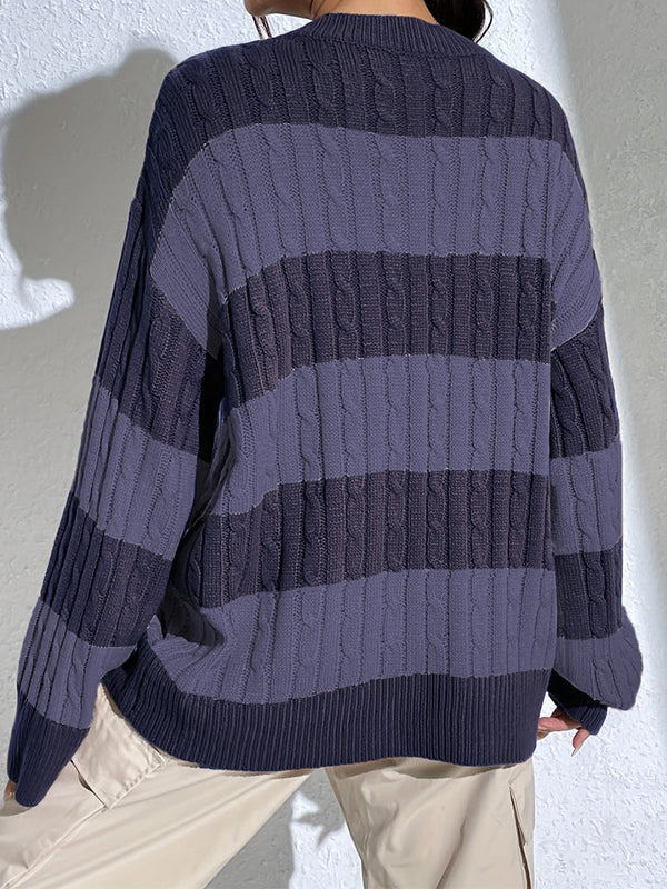 V Neck Loose Contrast Stripes Casual Sweaters/V-Ausschnitt Lose Kontraststreifen Freizeitpullover